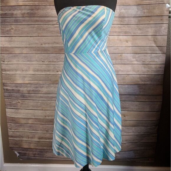Ann Taylor Blue White Strapless Striped Dress - Picture 1 of 3